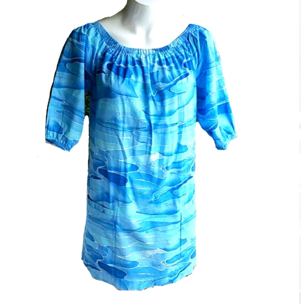Anthropologie Mermaid Ocean Blue Shift On/Off Shoulders Beach Cover Up Vtg